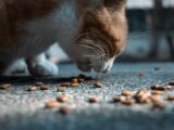A cat eating food off of the ground