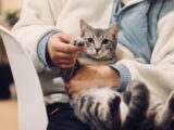 person holding silver tabby cat