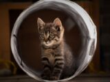 Cute tabby kitten playing inside a tube, perfect for pet lovers and animal enthusiasts.
